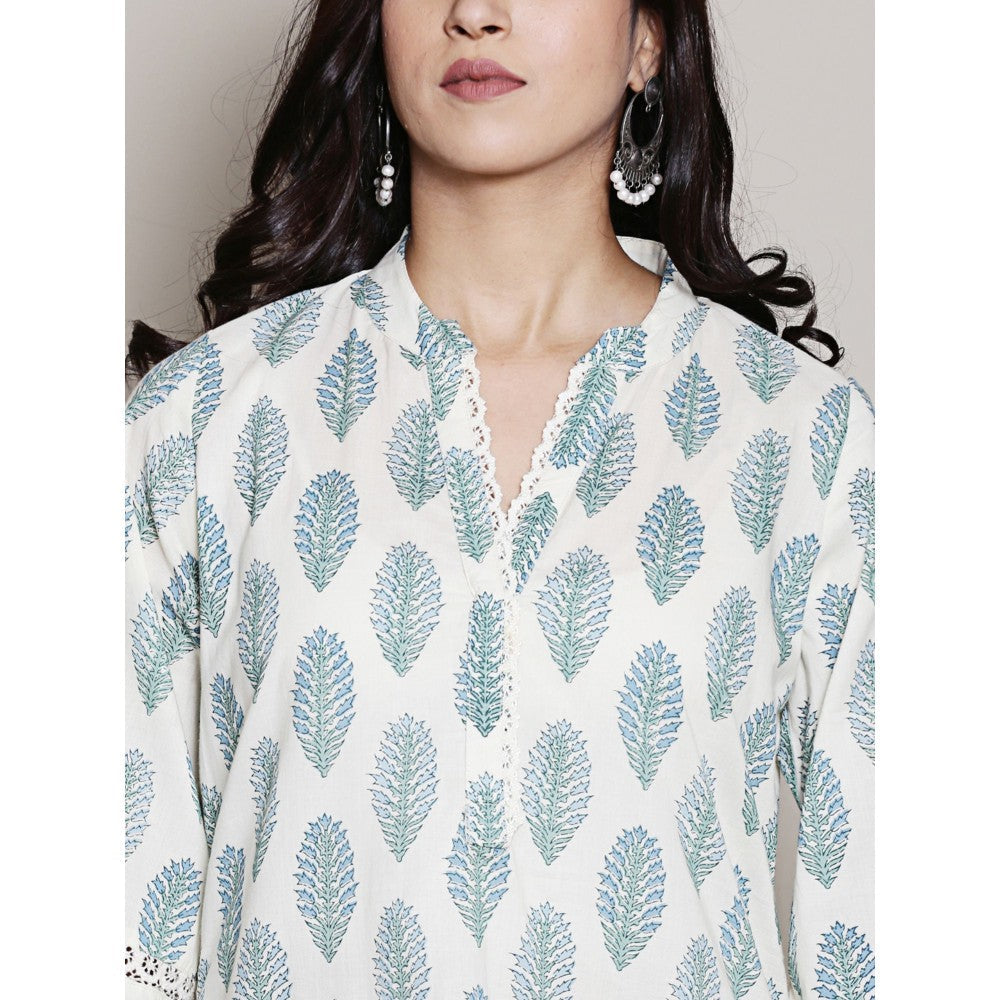 Spring Soul Block Printed White V Neck Kurta with Lace Detailing Pant (Set of 2)