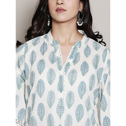 Spring Soul Block Printed White V Neck Kurta with Lace Detailing Pant (Set of 2)