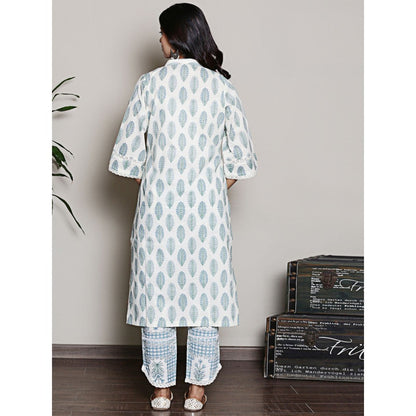Spring Soul Block Printed White V Neck Kurta with Lace Detailing Pant (Set of 2)