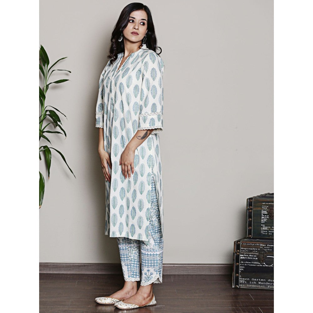 Spring Soul Block Printed White V Neck Kurta with Lace Detailing Pant (Set of 2)