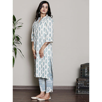 Spring Soul Block Printed White V Neck Kurta with Lace Detailing Pant (Set of 2)