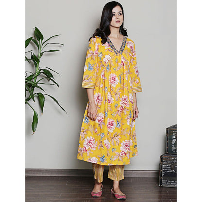 Spring Soul Floral Printed Yellow A Line Kurta with Pant (Set of 2)