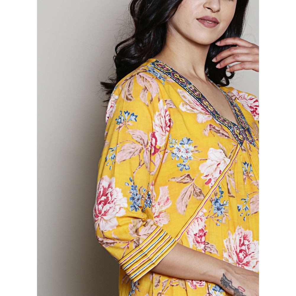 Spring Soul Floral Printed Yellow A Line Kurta with Pant (Set of 2)