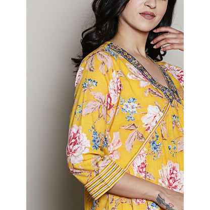 Spring Soul Floral Printed Yellow A Line Kurta with Pant (Set of 2)