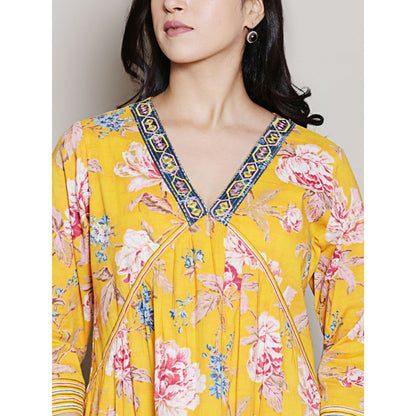 Spring Soul Floral Printed Yellow A Line Kurta with Pant (Set of 2)
