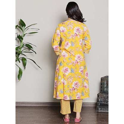 Spring Soul Floral Printed Yellow A Line Kurta with Pant (Set of 2)