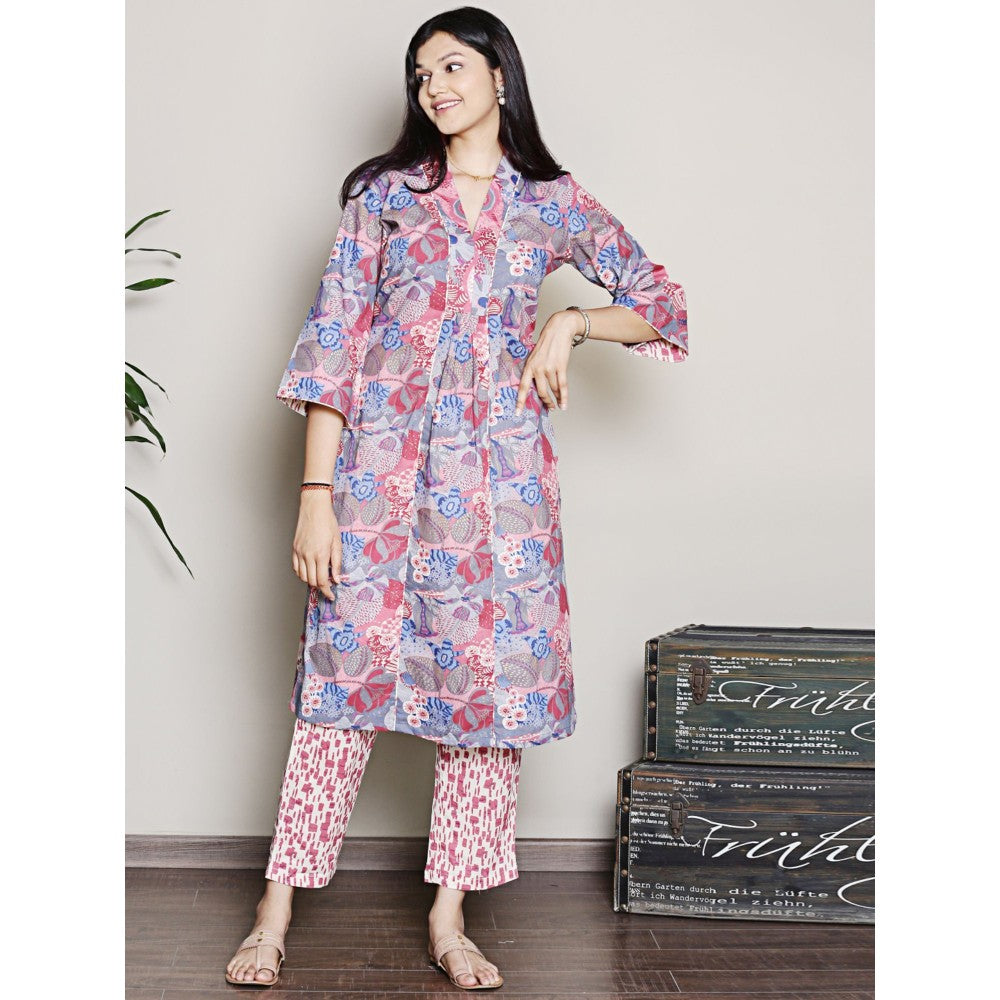 Spring Soul Printed Blue A-Line Kurta with Pant (Set of 2)