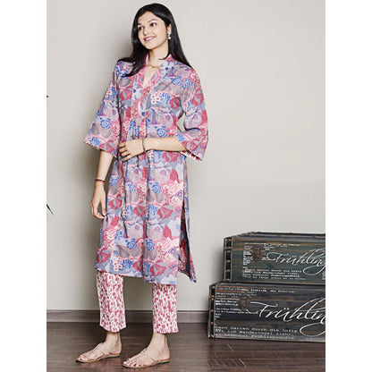 Spring Soul Printed Blue A-Line Kurta with Pant (Set of 2)
