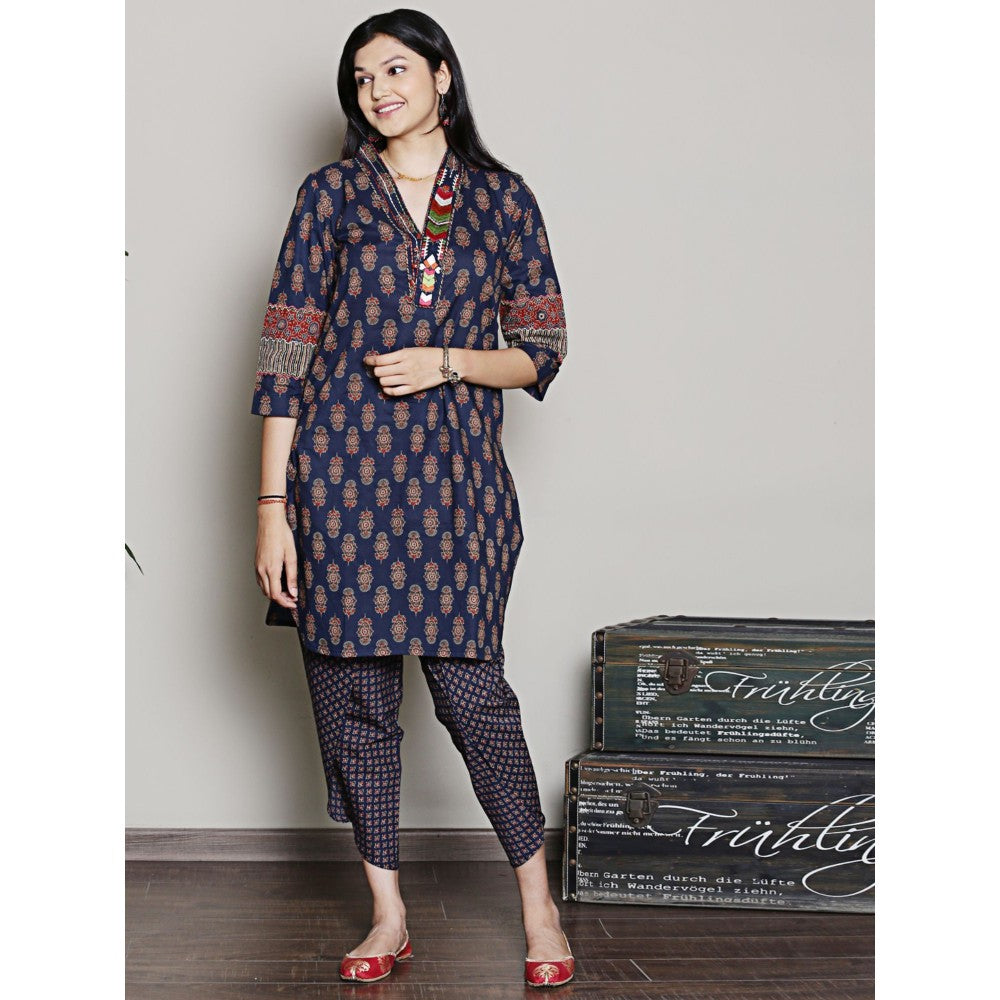 Spring Soul Block Printed Navy Blue Embroidered Kurta with Dhoti Pants (Set of 2)