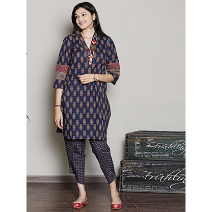 Spring Soul Block Printed Navy Blue Embroidered Kurta with Dhoti Pants (Set of 2)