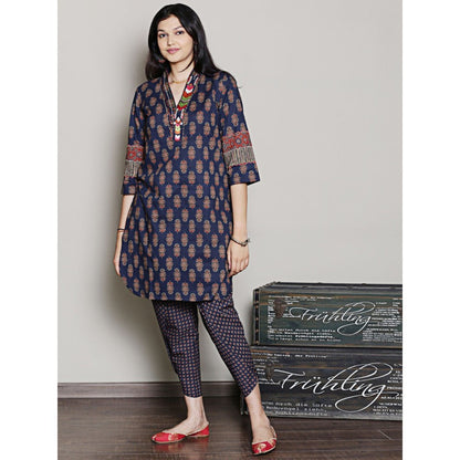 Spring Soul Block Printed Navy Blue Embroidered Kurta with Dhoti Pants (Set of 2)