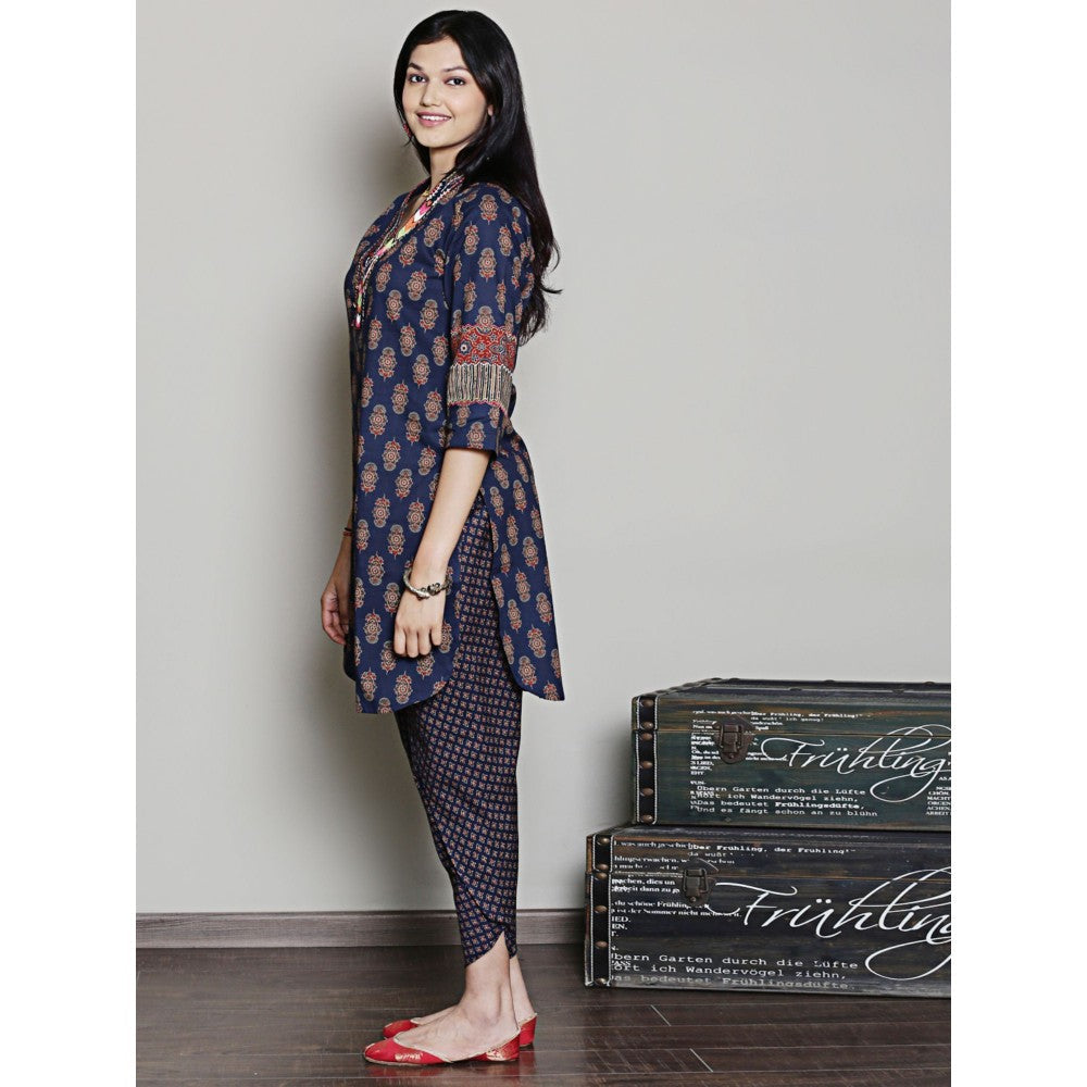 Spring Soul Block Printed Navy Blue Embroidered Kurta with Dhoti Pants (Set of 2)