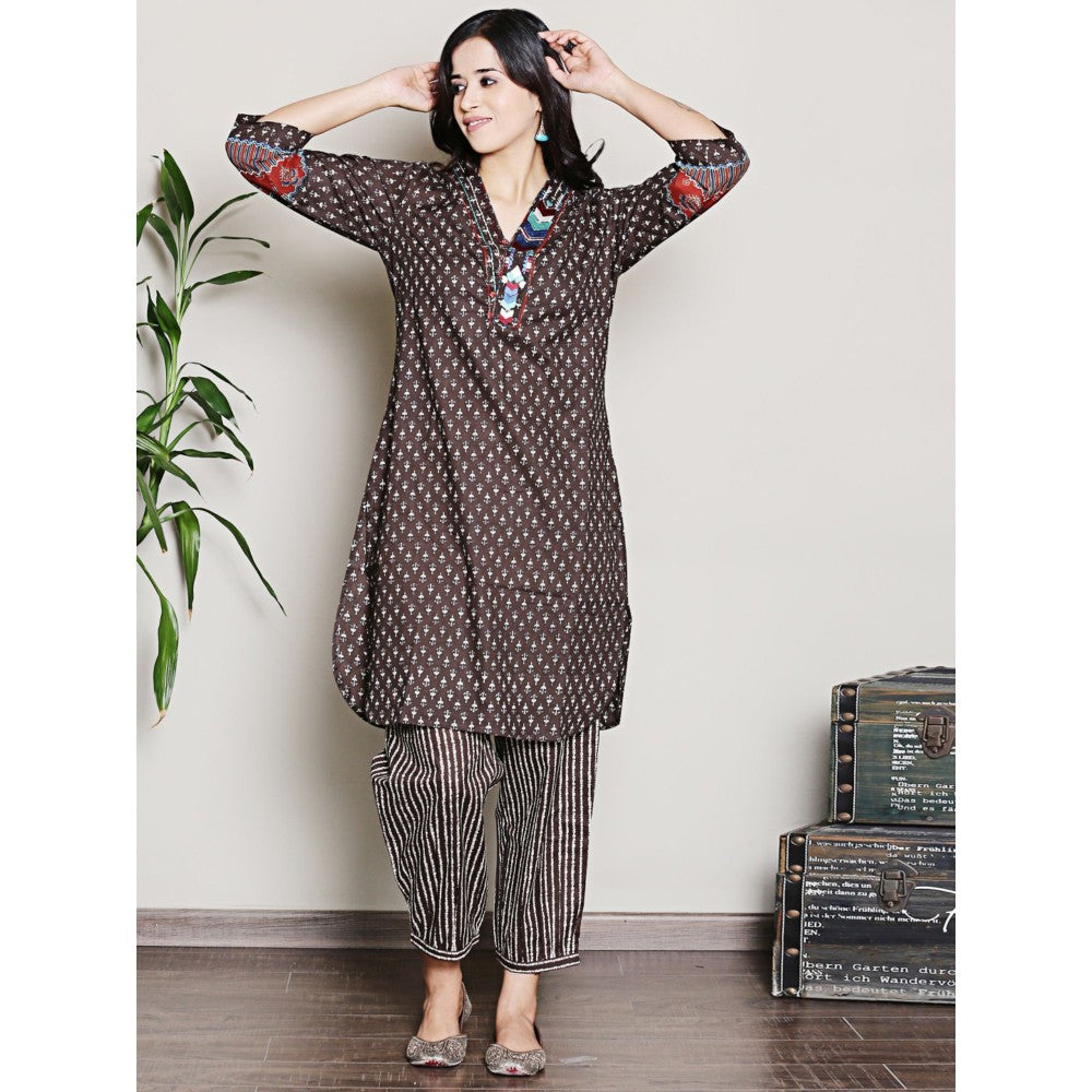 Spring Soul Block Printed Brown Embroidered Kurta with Harem Pant (Set of 2)