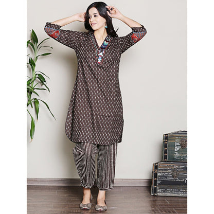 Spring Soul Block Printed Brown Embroidered Kurta with Harem Pant (Set of 2)
