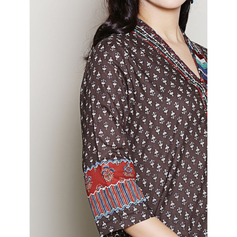 Spring Soul Block Printed Brown Embroidered Kurta with Harem Pant (Set of 2)