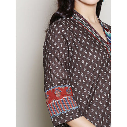 Spring Soul Block Printed Brown Embroidered Kurta with Harem Pant (Set of 2)