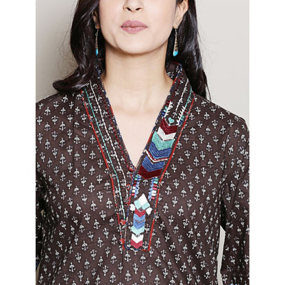 Spring Soul Block Printed Brown Embroidered Kurta with Harem Pant (Set of 2)