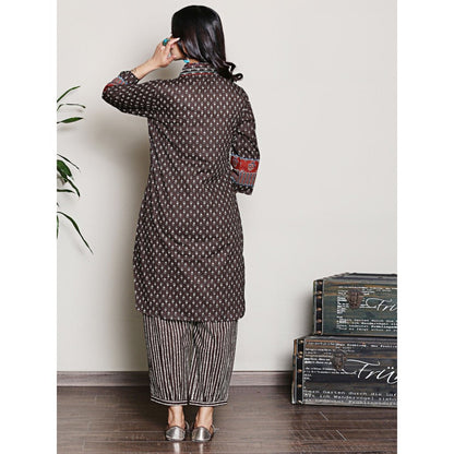 Spring Soul Block Printed Brown Embroidered Kurta with Harem Pant (Set of 2)