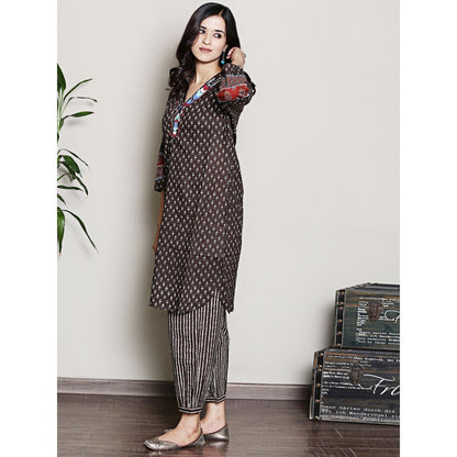 Spring Soul Block Printed Brown Embroidered Kurta with Harem Pant (Set of 2)