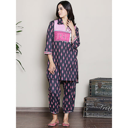 Spring Soul Block Printed Navy Blue Kurta with Yoke Detailing Harem Pant (Set of 2)