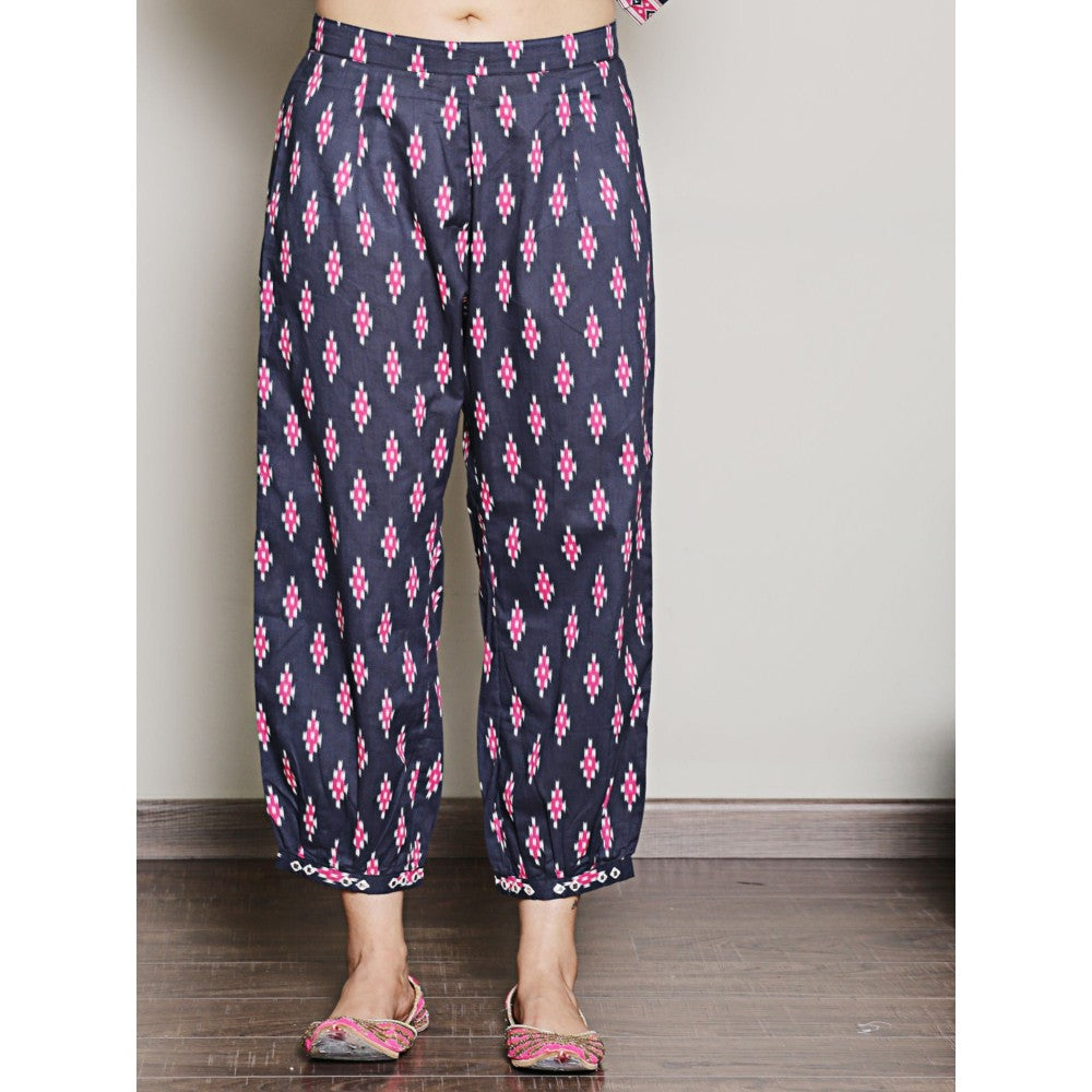 Spring Soul Block Printed Navy Blue Kurta with Yoke Detailing Harem Pant (Set of 2)