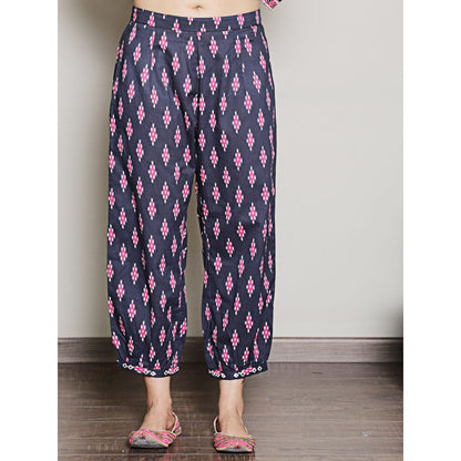 Spring Soul Block Printed Navy Blue Kurta with Yoke Detailing Harem Pant (Set of 2)