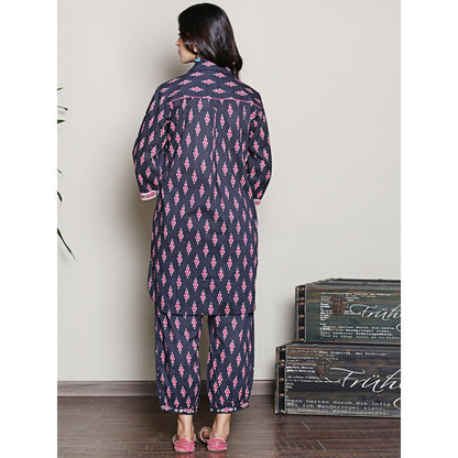 Spring Soul Block Printed Navy Blue Kurta with Yoke Detailing Harem Pant (Set of 2)