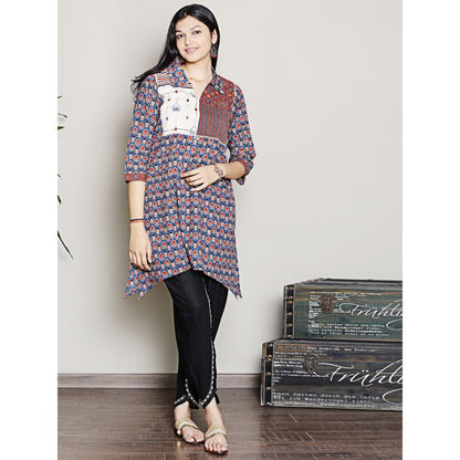 Spring Soul Block Printed Blue Color Kurta with Yoke Detailing Dhoti Pants (Set of 2)