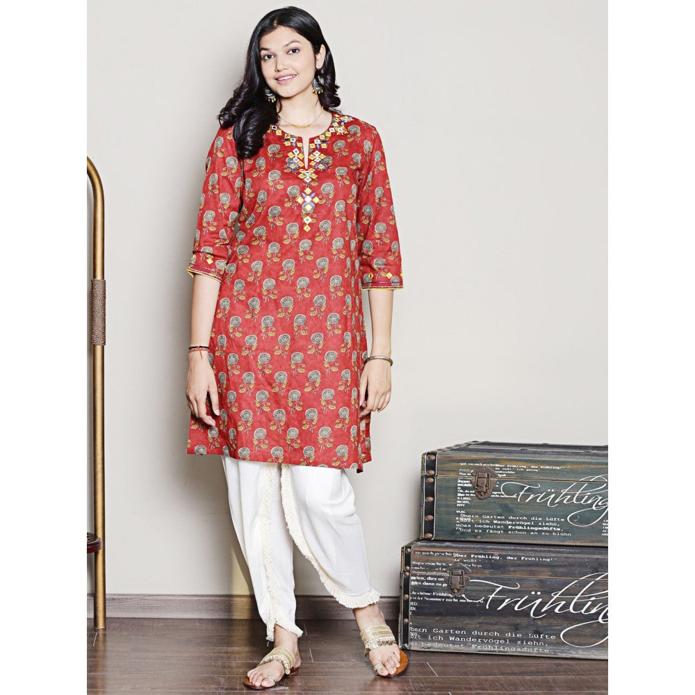 Spring Soul Block Printed Red Embroidered Kurta with Dhoti Pants (Set of 2)