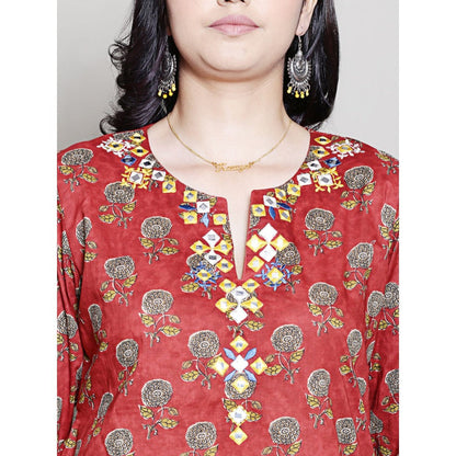 Spring Soul Block Printed Red Embroidered Kurta with Dhoti Pants (Set of 2)