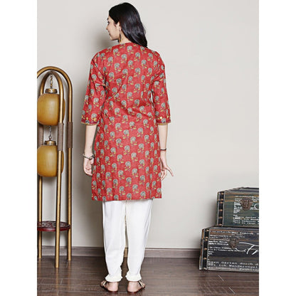Spring Soul Block Printed Red Embroidered Kurta with Dhoti Pants (Set of 2)