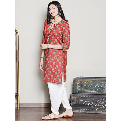 Spring Soul Block Printed Red Embroidered Kurta with Dhoti Pants (Set of 2)