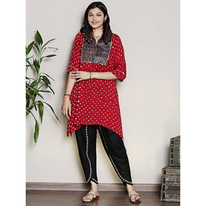 Spring Soul Bandhani Asymmetric Kurta with Yoke Detailing Dhoti Pants (Set of 2)