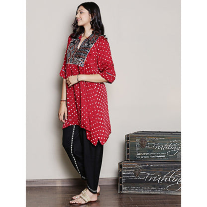 Spring Soul Bandhani Asymmetric Kurta with Yoke Detailing Dhoti Pants (Set of 2)