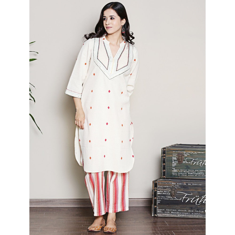 Spring Soul Printed Off-White Embroidered Kurta with Pant (Set of 2)