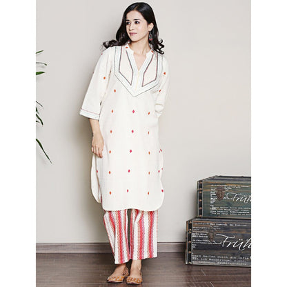 Spring Soul Printed Off-White Embroidered Kurta with Pant (Set of 2)