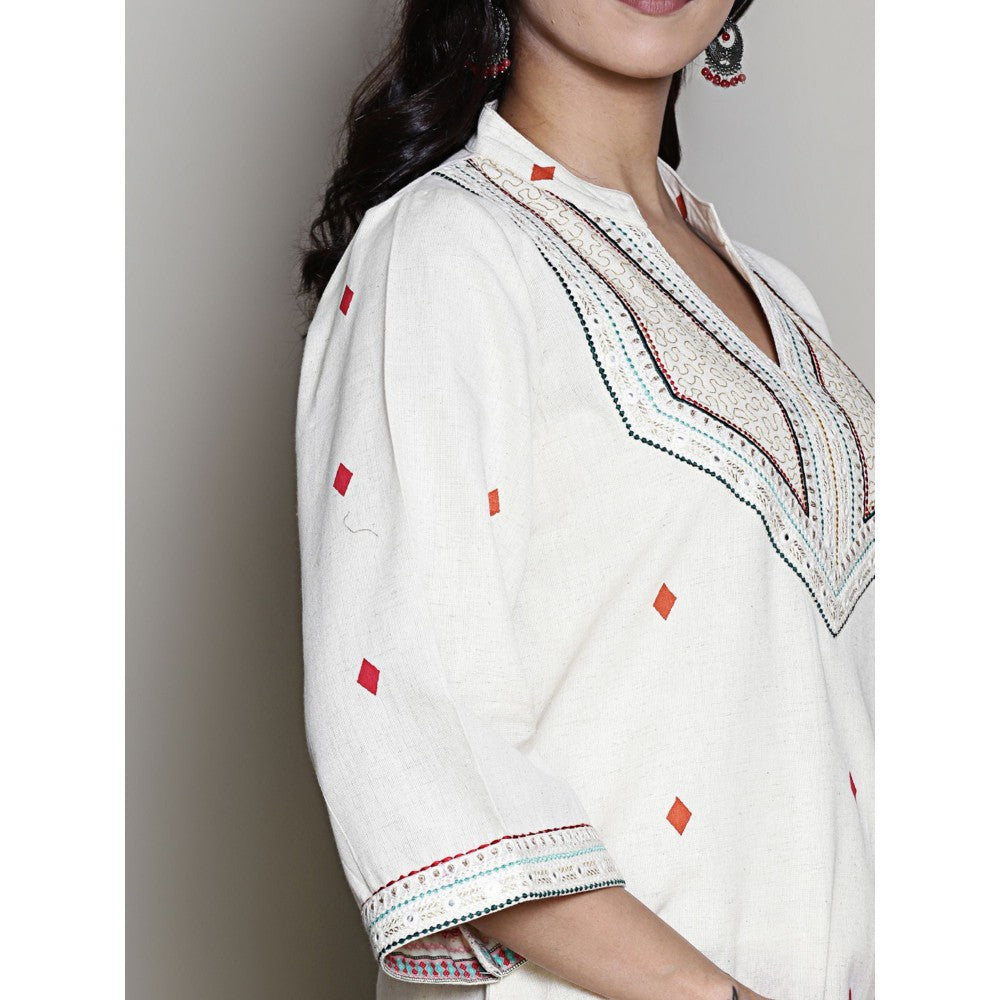 Spring Soul Printed Off-White Embroidered Kurta with Pant (Set of 2)