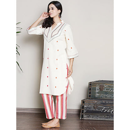 Spring Soul Printed Off-White Embroidered Kurta with Pant (Set of 2)