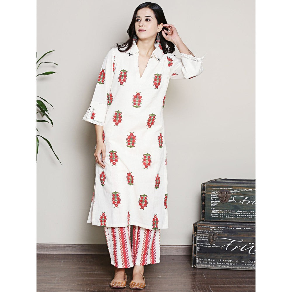 Spring Soul Printed Off-White Collared A-Line Kurta with Pant (Set of 2)