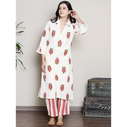 Spring Soul Printed Off-White Collared A-Line Kurta with Pant (Set of 2)