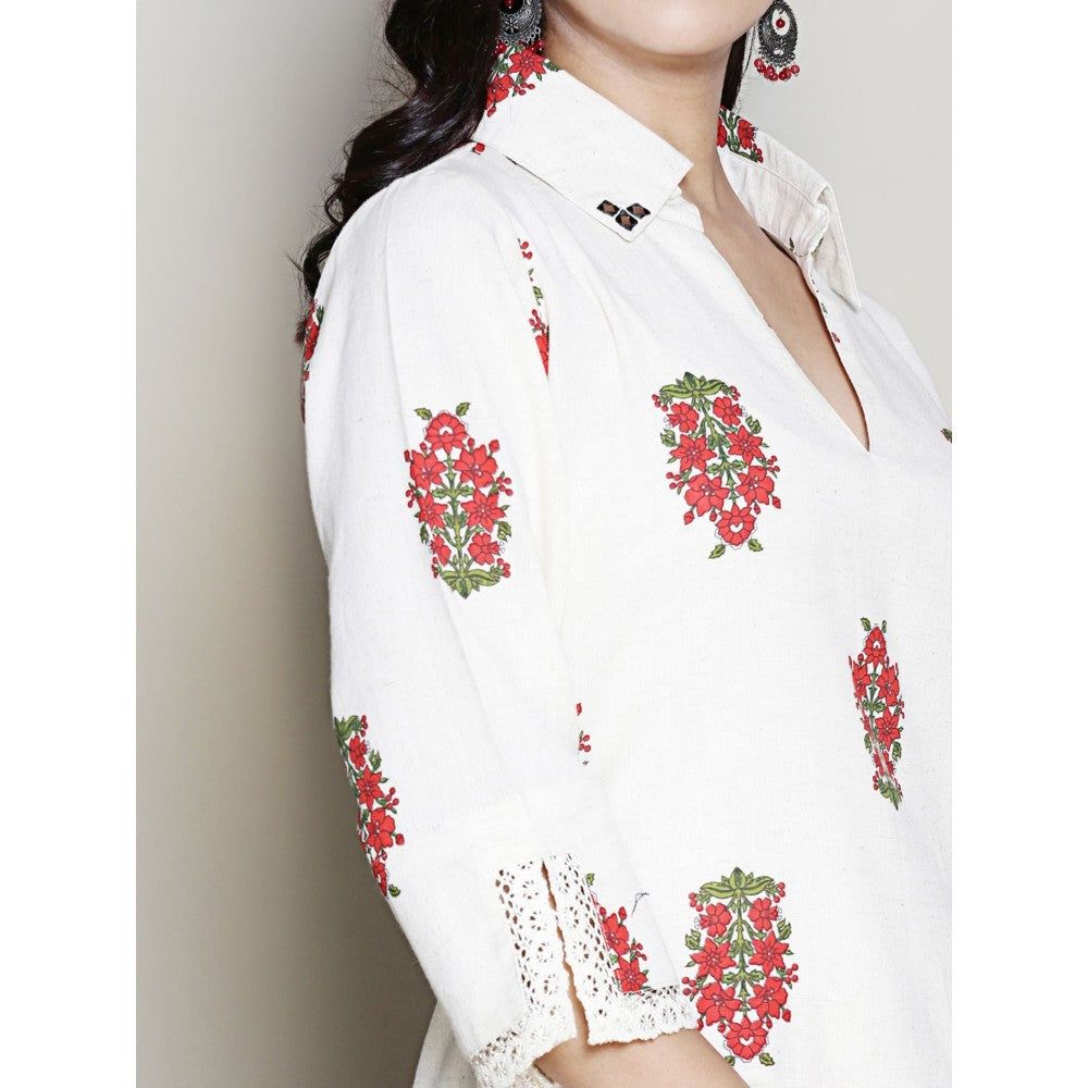 Spring Soul Printed Off-White Collared A-Line Kurta with Pant (Set of 2)
