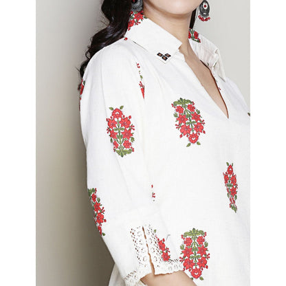 Spring Soul Printed Off-White Collared A-Line Kurta with Pant (Set of 2)