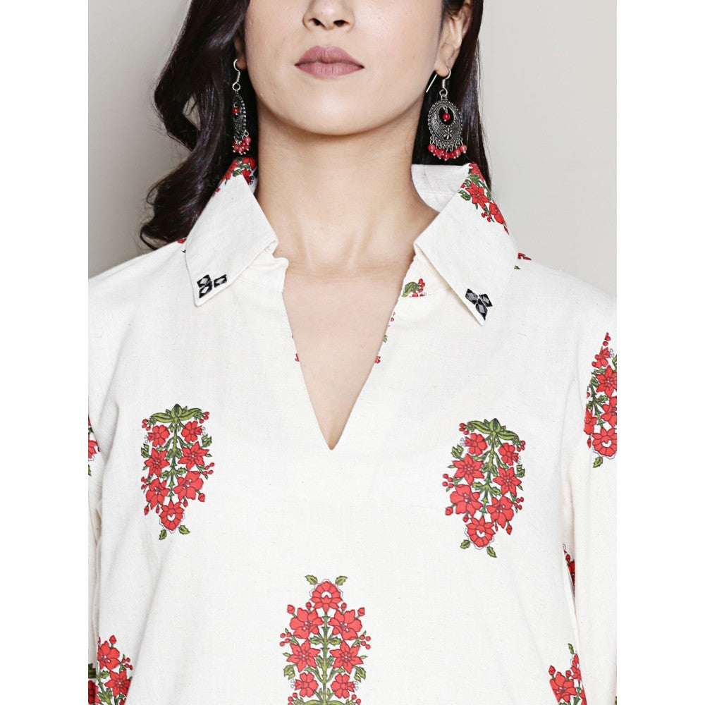 Spring Soul Printed Off-White Collared A-Line Kurta with Pant (Set of 2)