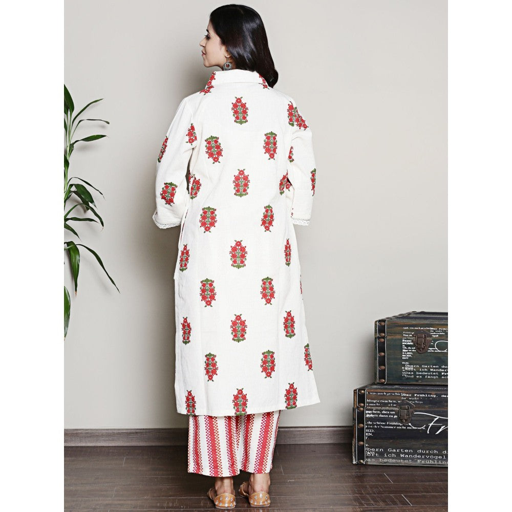 Spring Soul Printed Off-White Collared A-Line Kurta with Pant (Set of 2)