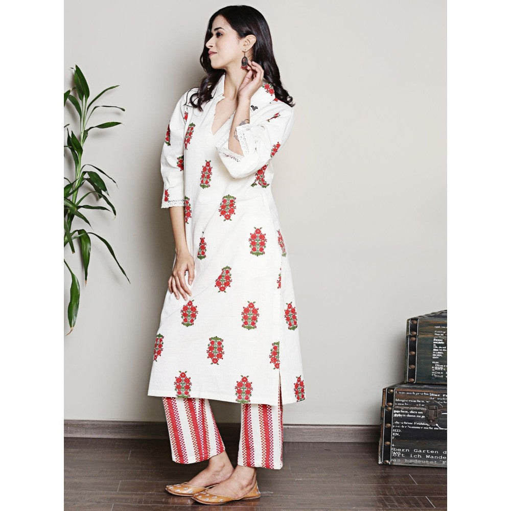 Spring Soul Printed Off-White Collared A-Line Kurta with Pant (Set of 2)
