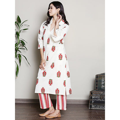 Spring Soul Printed Off-White Collared A-Line Kurta with Pant (Set of 2)