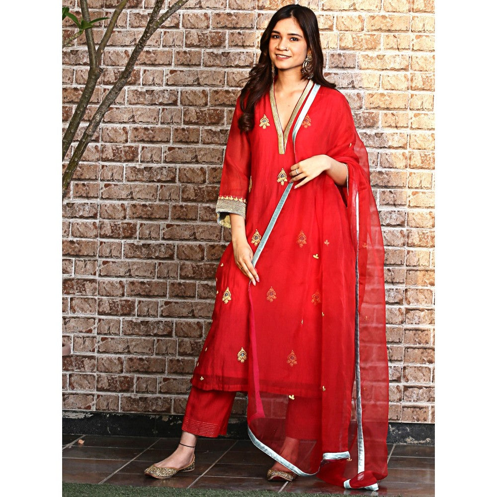 Spring Soul Red Chanderi A-Line Kurta and Pant with Dupatta (Set of 3)