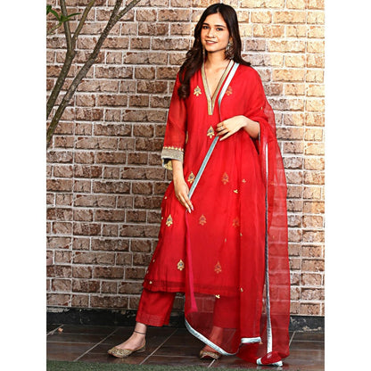 Spring Soul Red Chanderi A-Line Kurta and Pant with Dupatta (Set of 3)