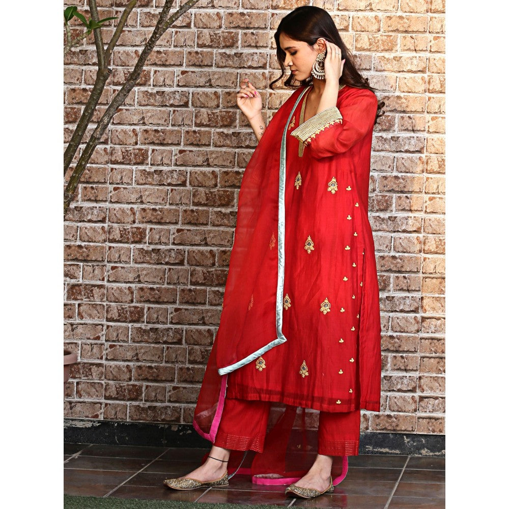 Spring Soul Red Chanderi A-Line Kurta and Pant with Dupatta (Set of 3)