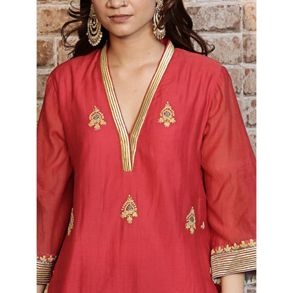 Spring Soul Red Chanderi A-Line Kurta and Pant with Dupatta (Set of 3)